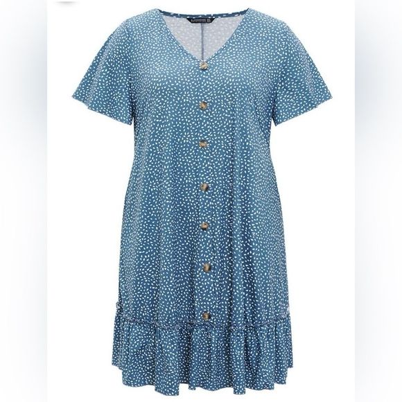 Water Drop Print Button Ruffled Dress - Picture 4 of 6